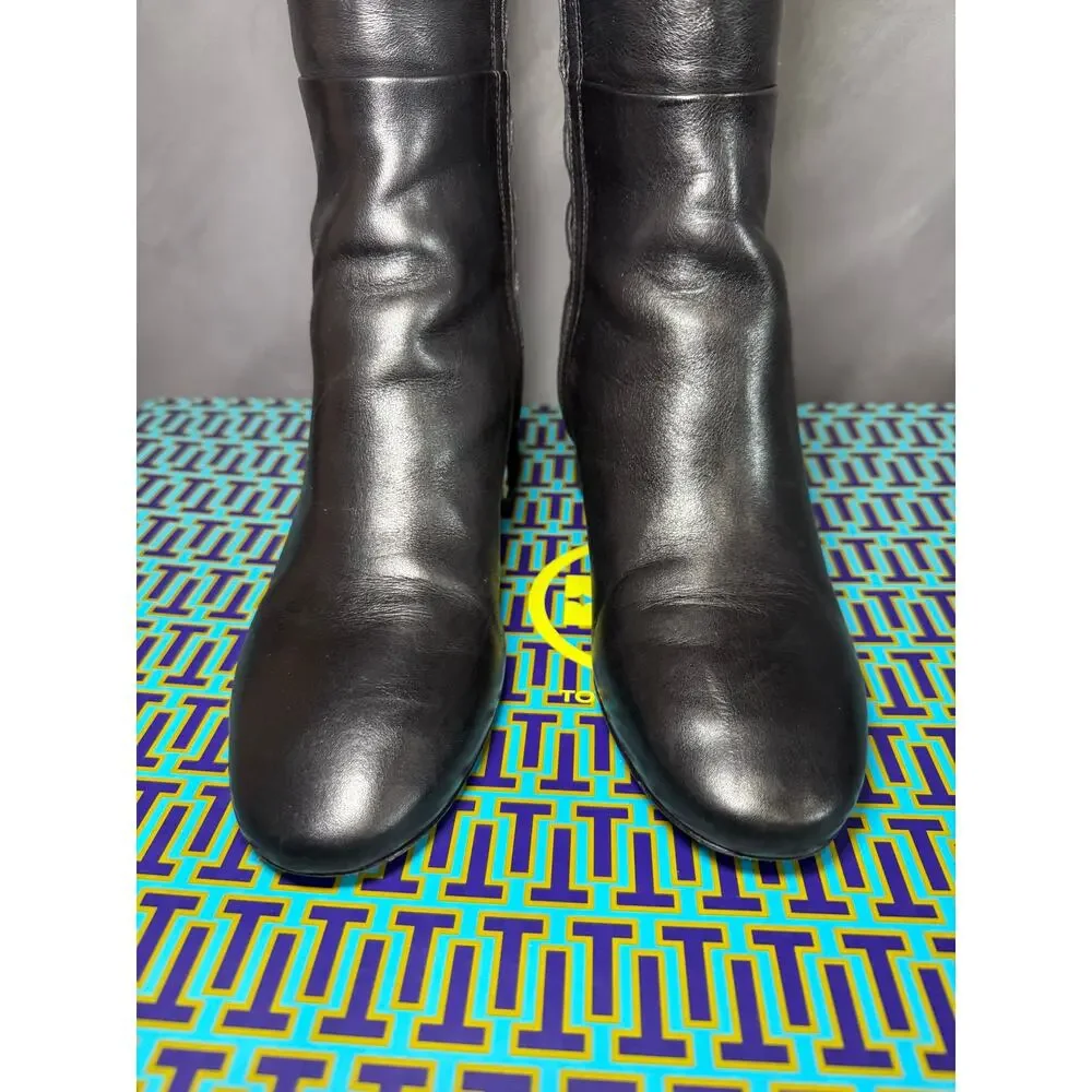 Tory Burch GIGI 55mm Tall Boots Calf Leather Stretch Suede Black Gold Size 8